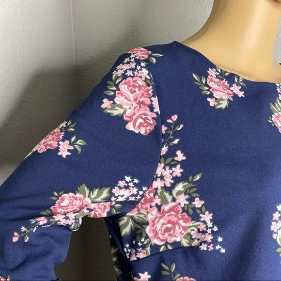 NWT Hot Gal 3/4 Sleeve Floral Mini Dress Navy Blue With Pink White Flowers Large - Picture 5 of 11